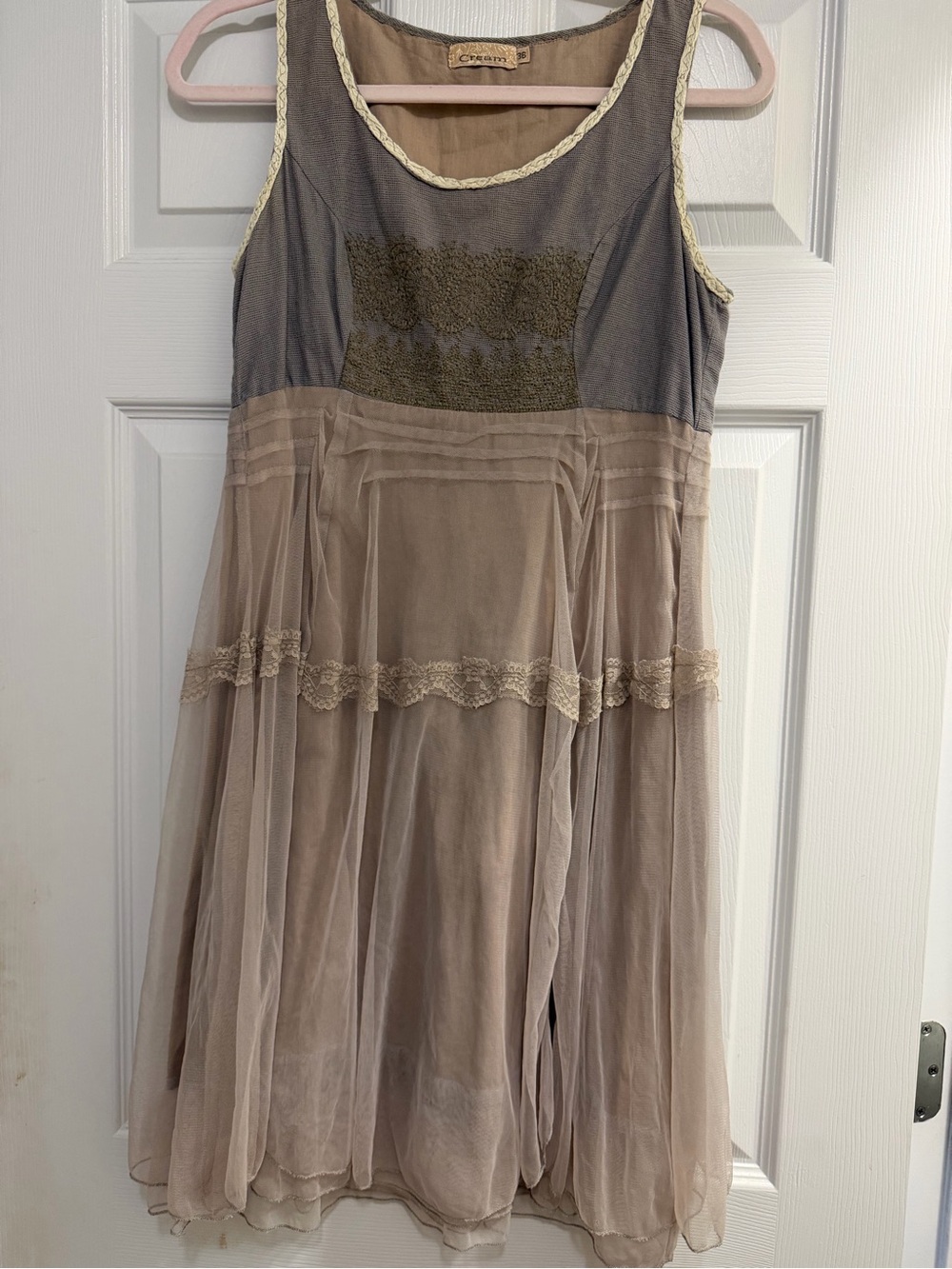 Bohemian Lace-Trim Sleeveless Mini Dress in Taupe